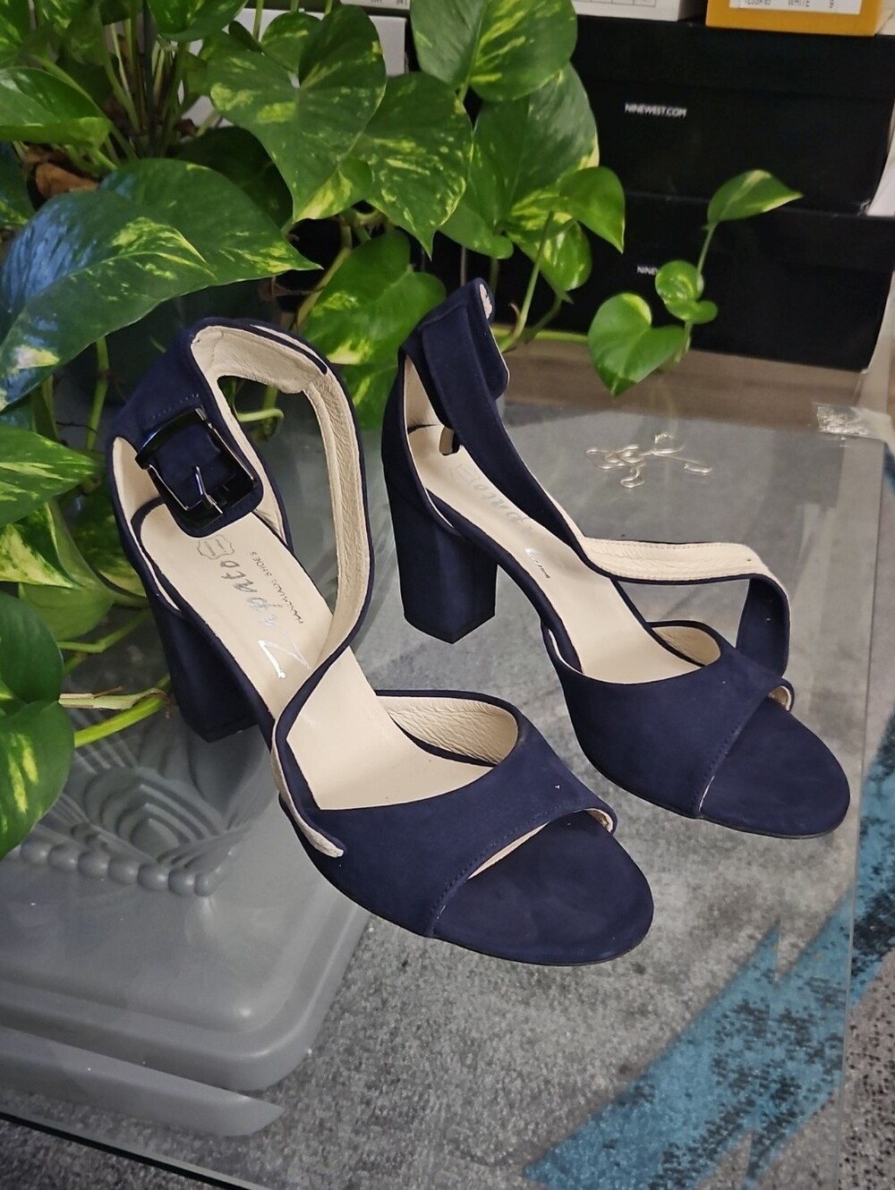 Women's Navy Suede Block Heel Sandals with Buckle Ankle Strap